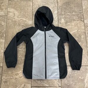 Columbia Girl Fleece Lined Windbreaker Jacket Black Gray Hooded Full Zip sz M